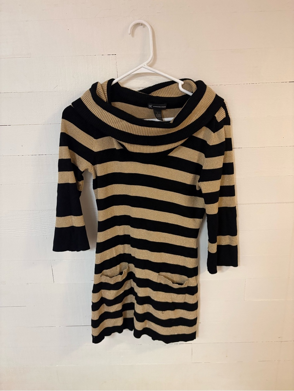 INC International Concepts Metallic Gold Black Striped Mini Sweater Dress L